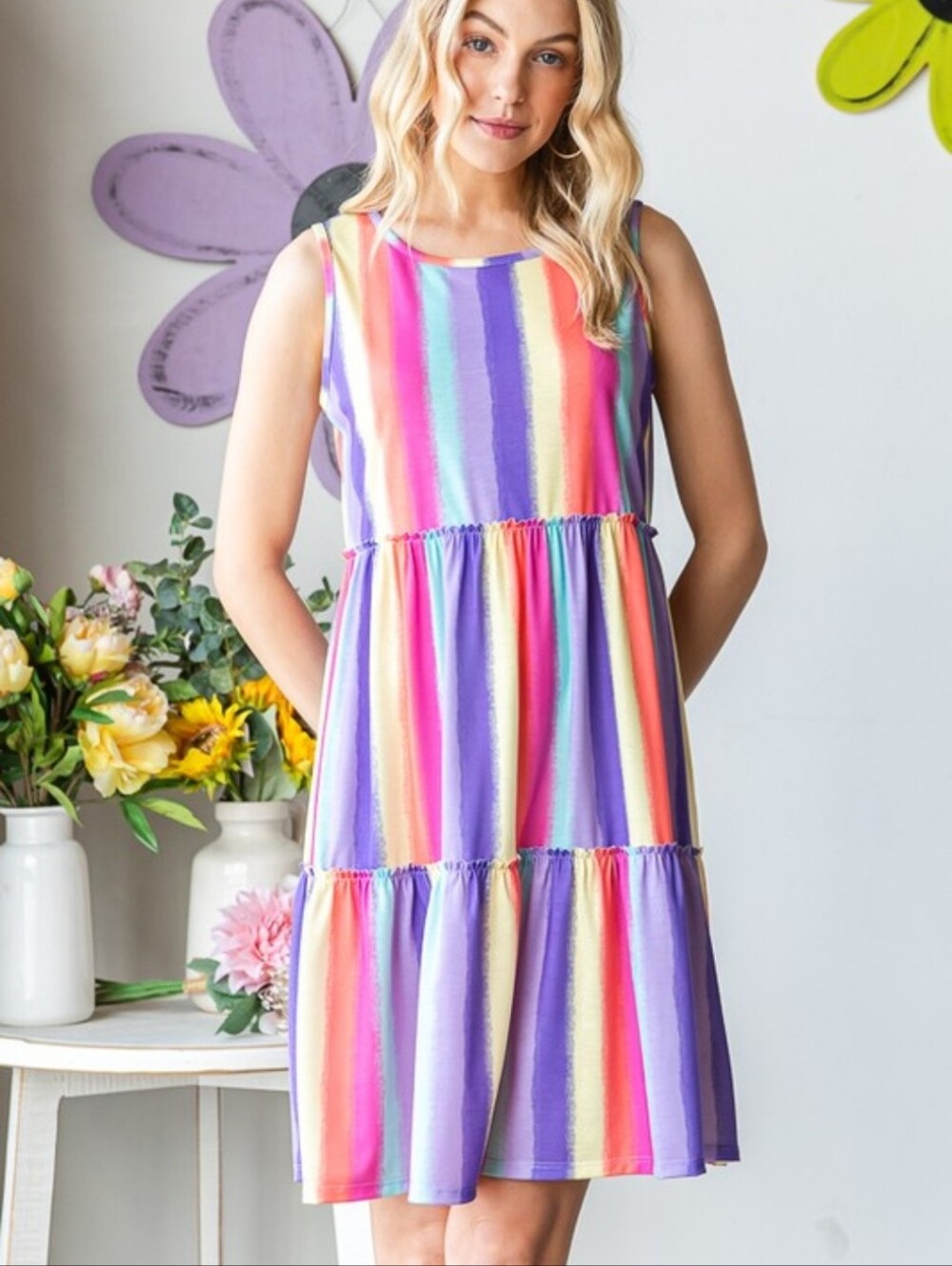 New Heimish Multi Colored Tiered Sleeveless Dress